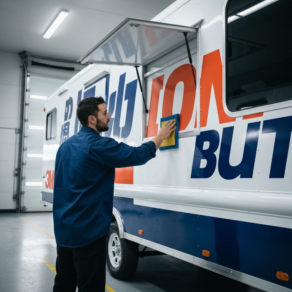 Professional installer applying a vinyl wrap to a food trailer